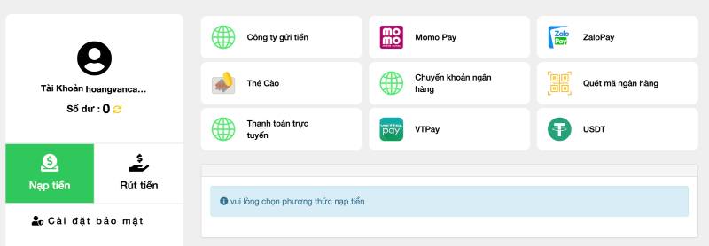 Bước 3: Lựa Chọn Phương Thức Nạp Tiền